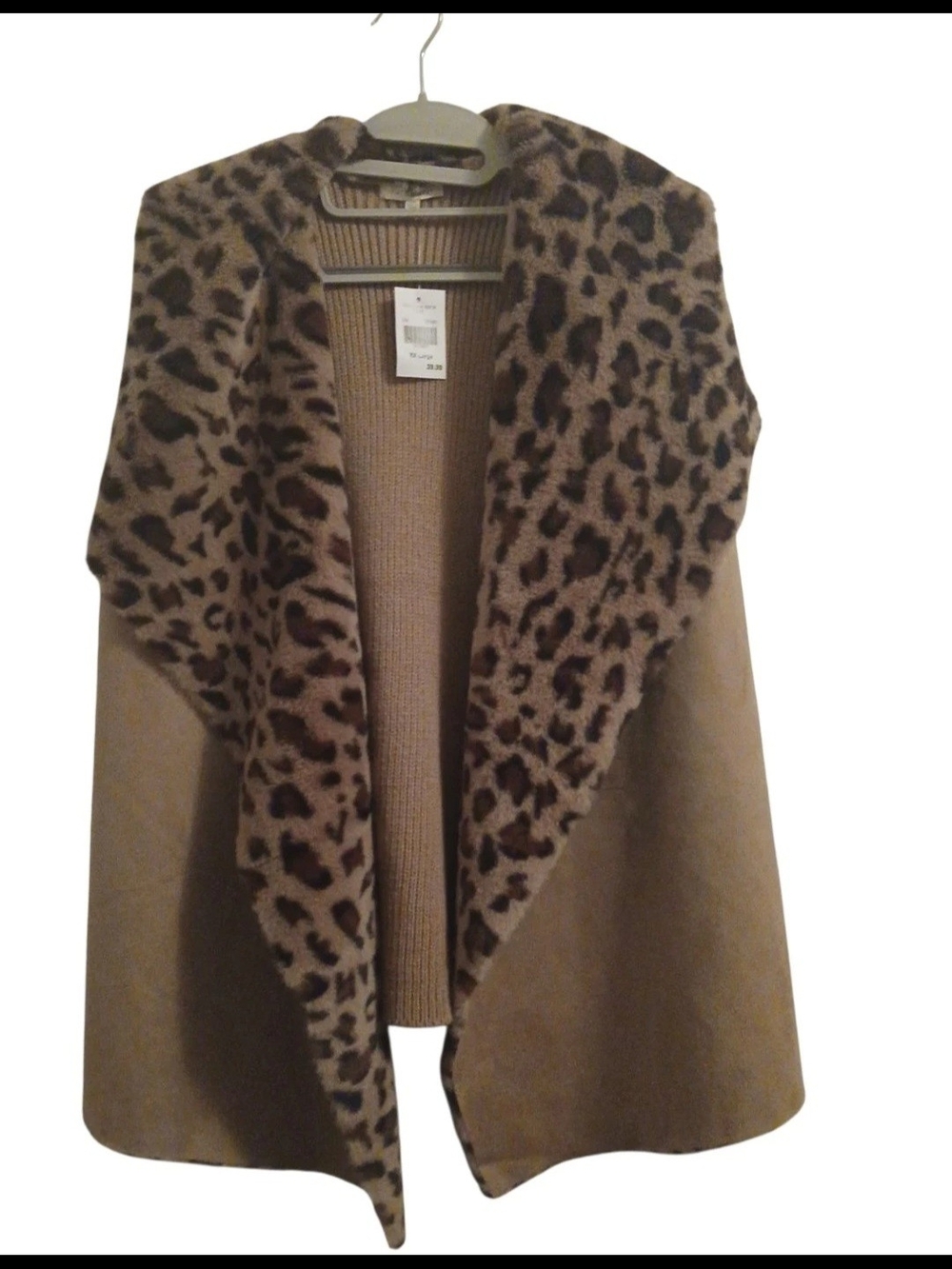 Open-Front Knit/Faux Suede Vest With Leopard-Print Collar Buttery Soft